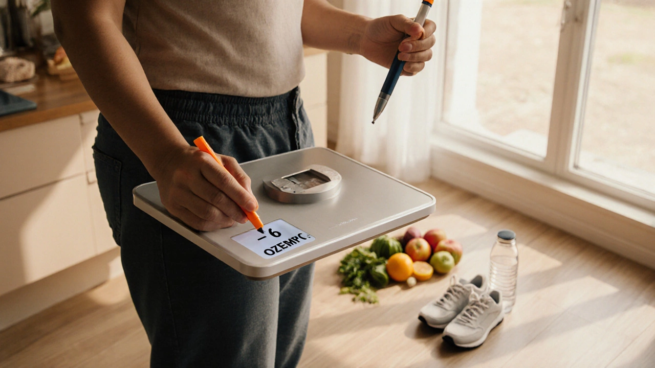 Adult in kitchen holding Ozempic pen and scale, indicating real‑world weight loss.
