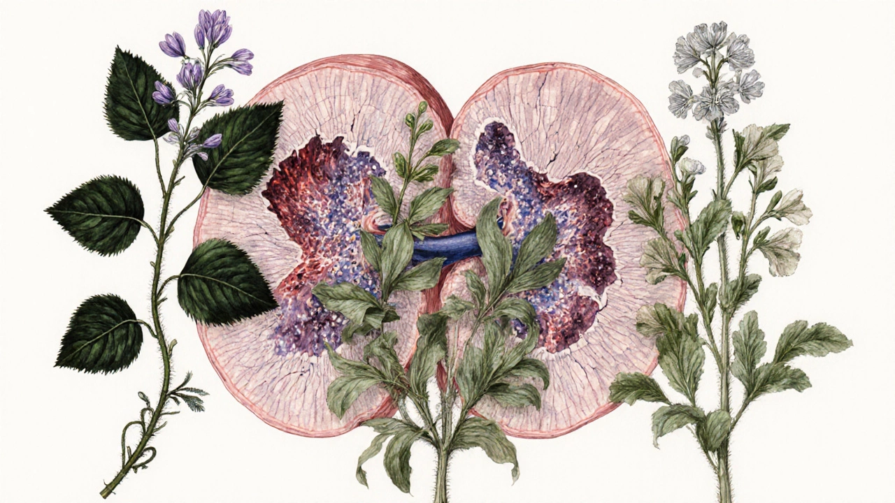 Artistic view of Aristolochia, Comfrey, and Pennyroyal beside damaged kidney tissue.