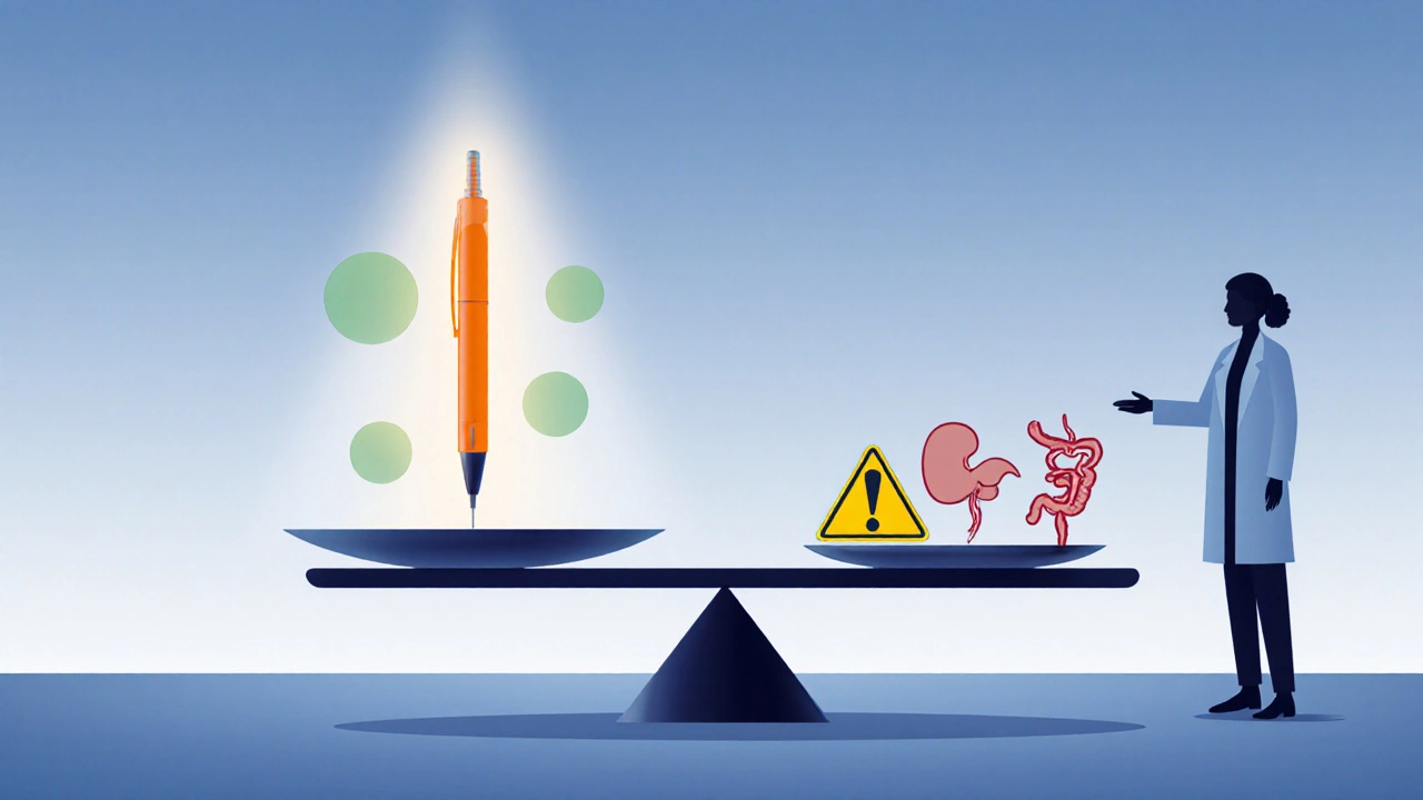 Balanced scale comparing Ozempic benefits and side‑effects with doctor nearby.