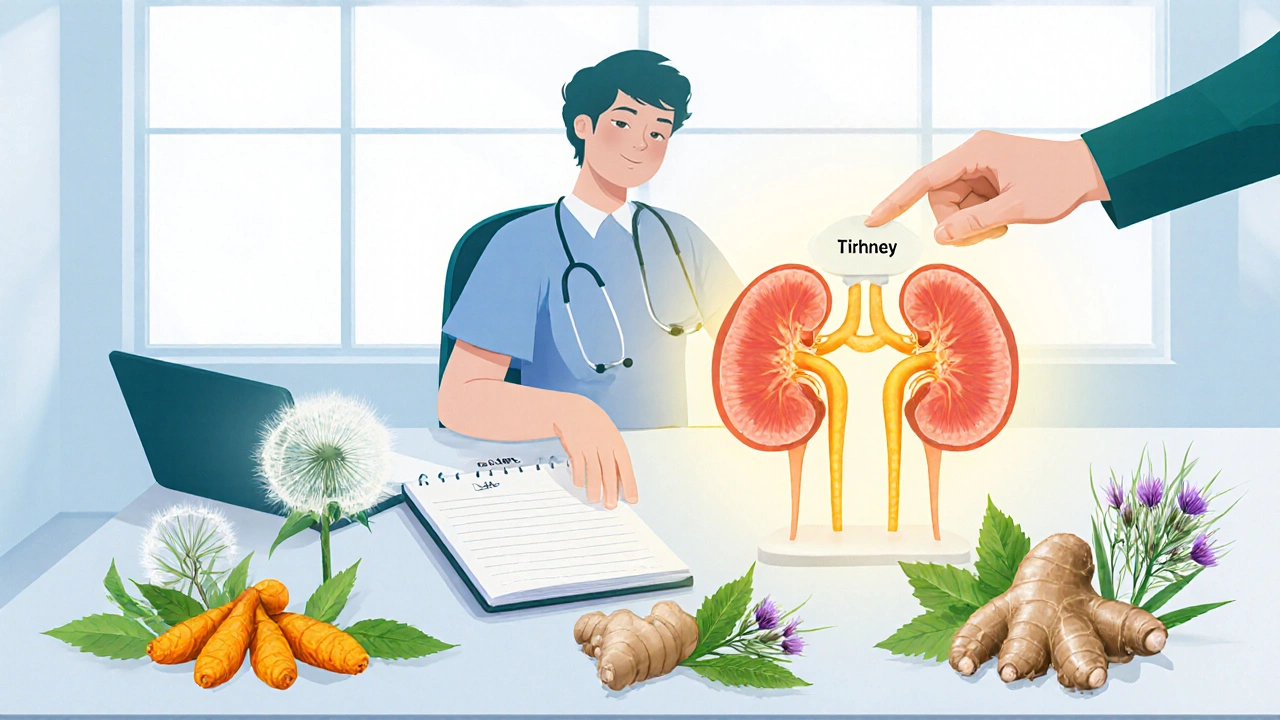 Clinic scene with doctor, notebook, healthy kidney model and safe herbs.