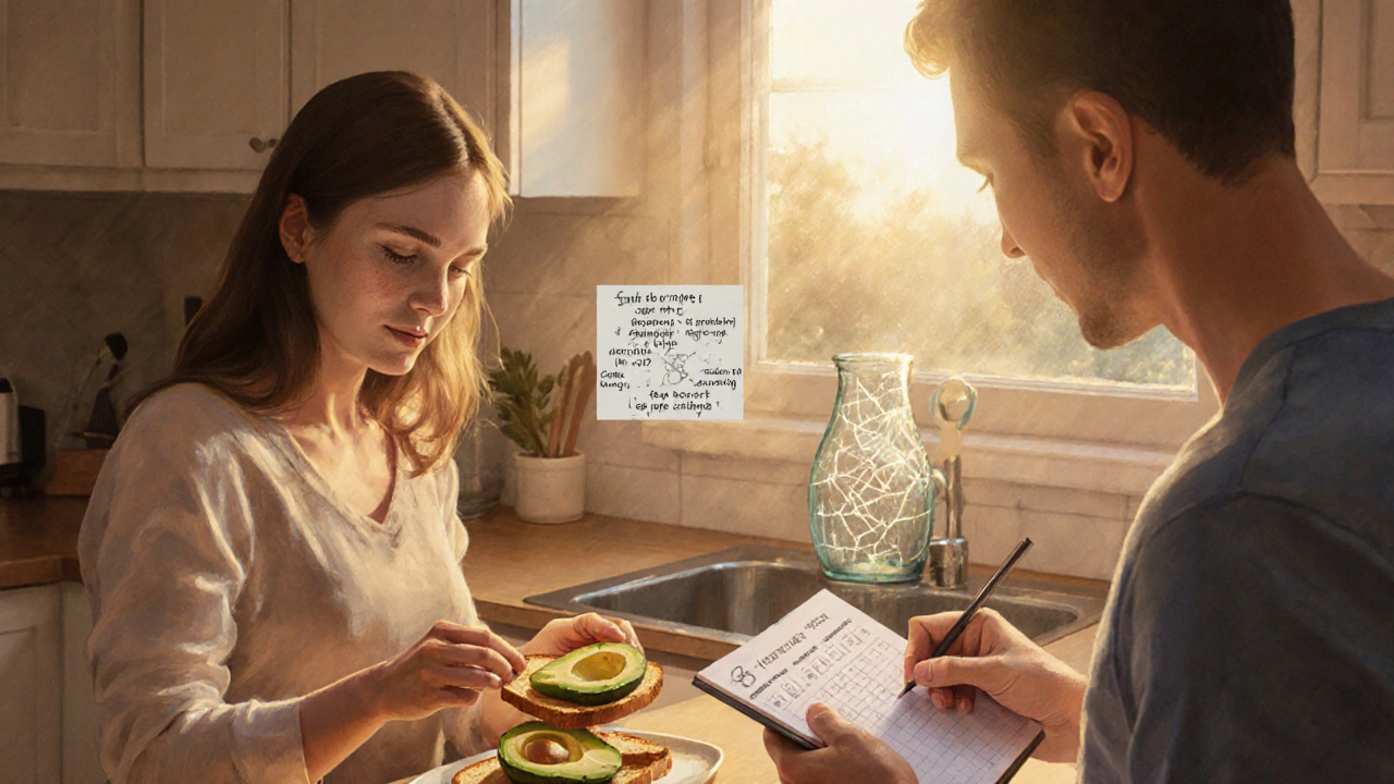 Couple in a sunrise kitchen tracks fertility while a broken glass vase symbolizes busted IVF myths.