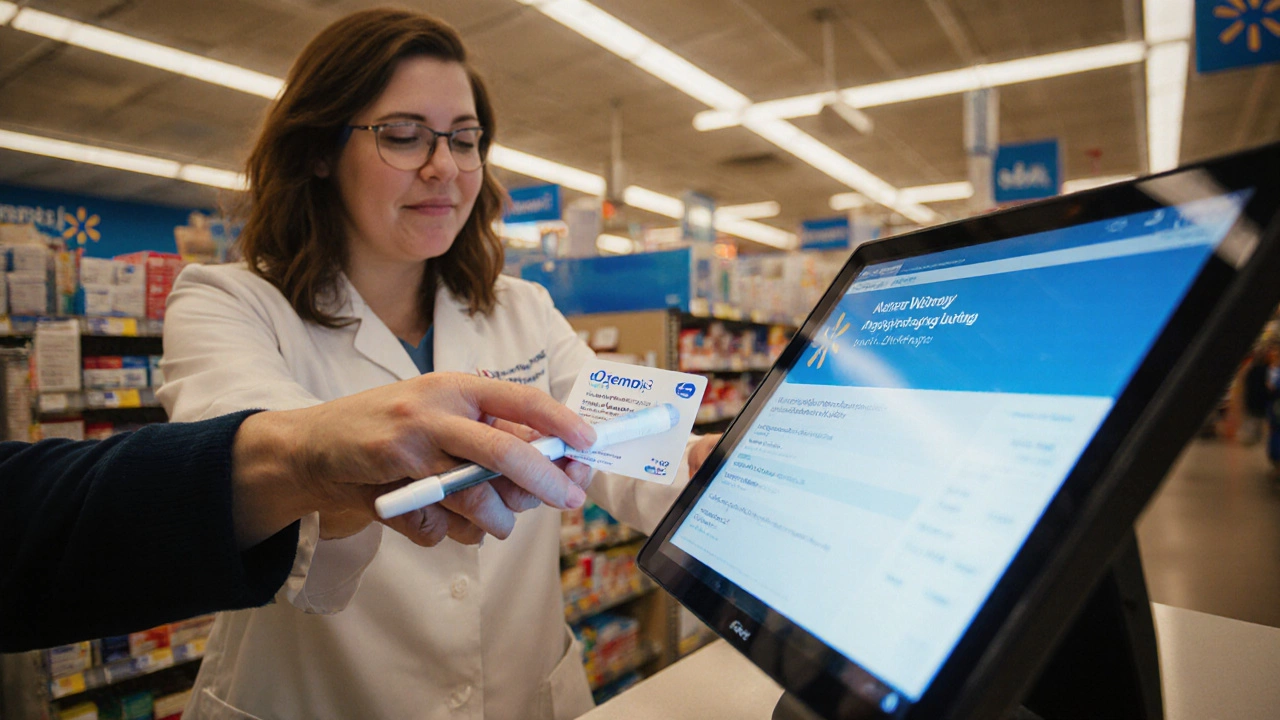 Customer uses a savings card at Walmart pharmacy checkout for semaglutide.