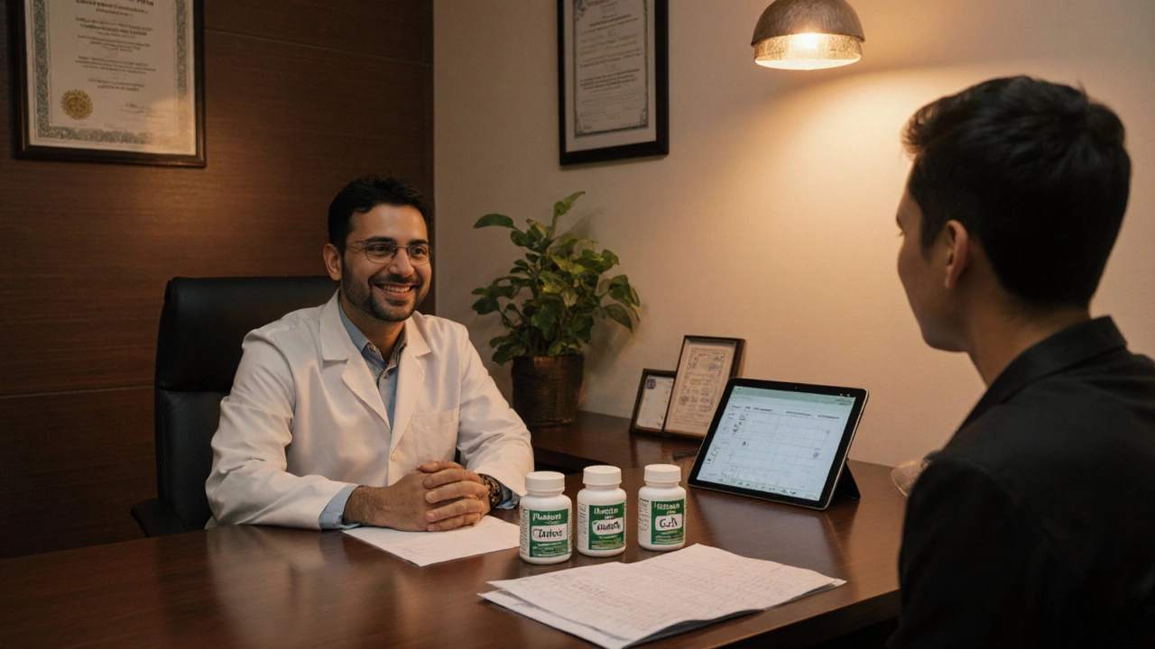 Doctor and client discuss supplements at a clinic table with labeled bottles and a nutrition plan.