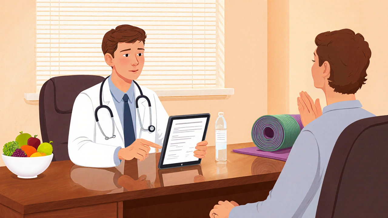 Doctor and patient discussing results, with fruit and yoga mat indicating healthy lifestyle.