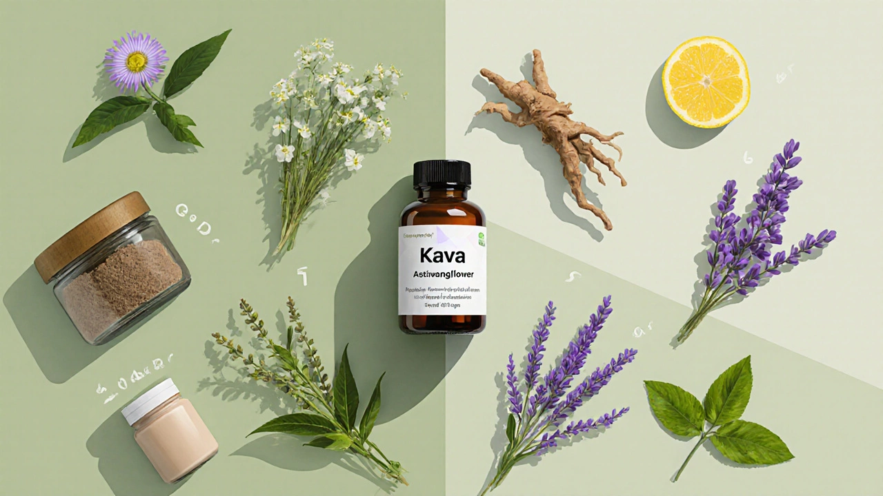 Flat‑lay of eight anxiety‑relieving herbs and their supplement forms.