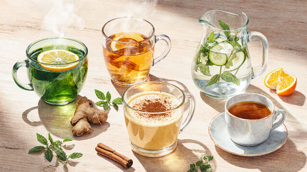 Flat lay of five natural night‑time drinks with fresh ingredients on a wooden surface.