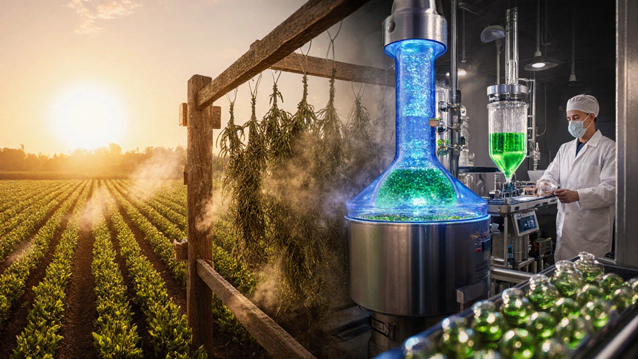 Illustration of field harvest, drying, CO₂ extraction, and capsule filling.