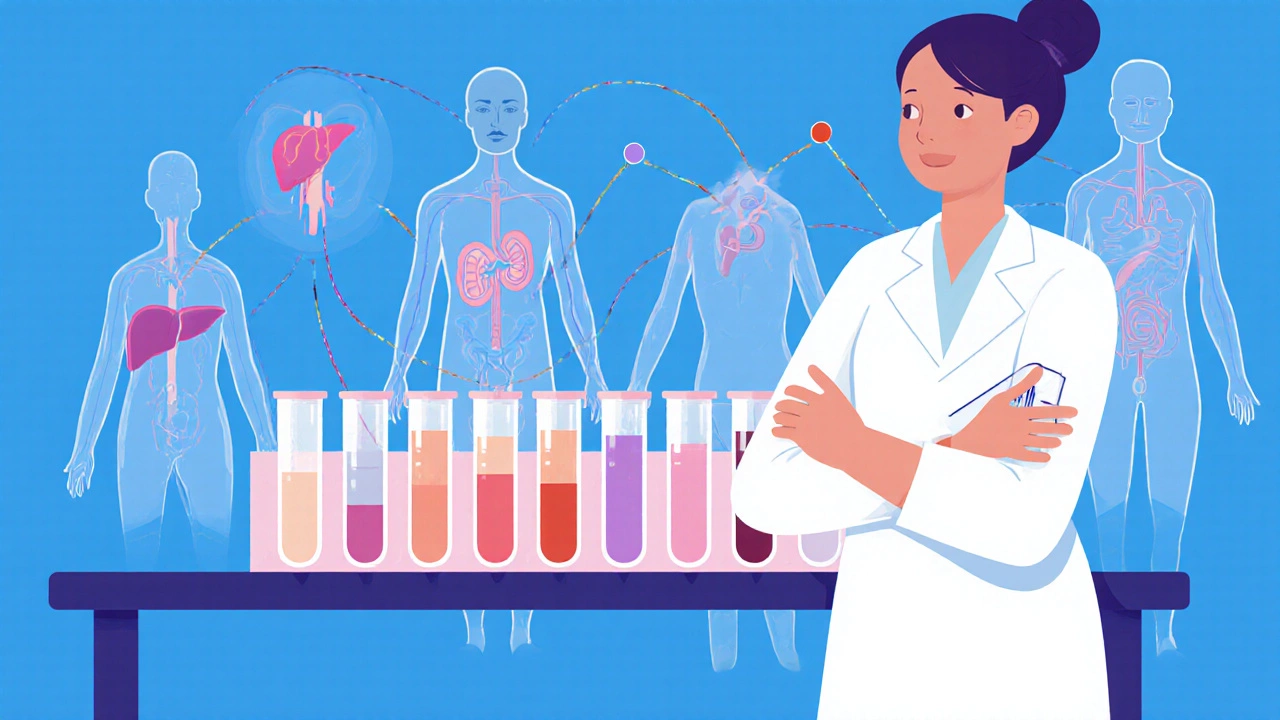 Lab technician drawing blood, colorful test tubes linked to organ silhouettes.