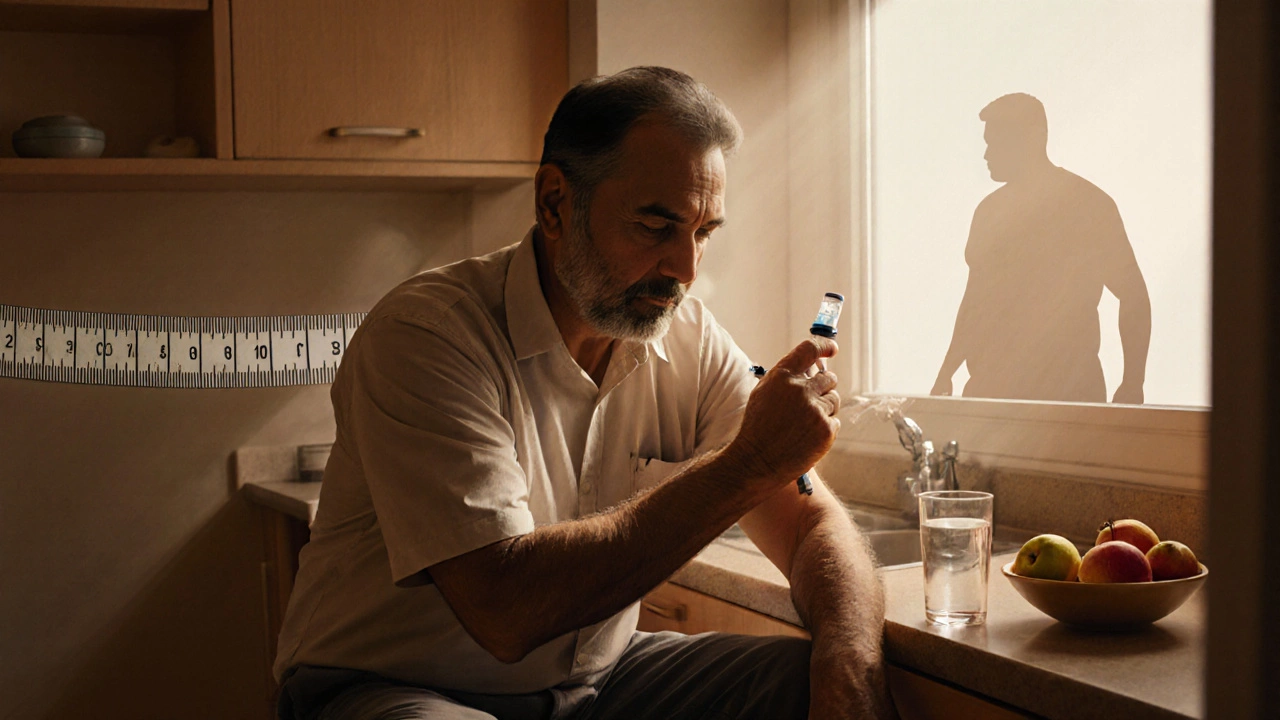Man at home giving a weekly Cagrilintide injection, feeling confident.