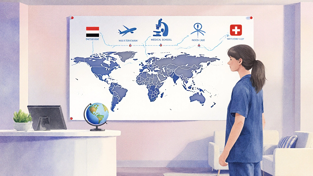 Medical student planning a career path on a world map toward medical‑tourism hubs.