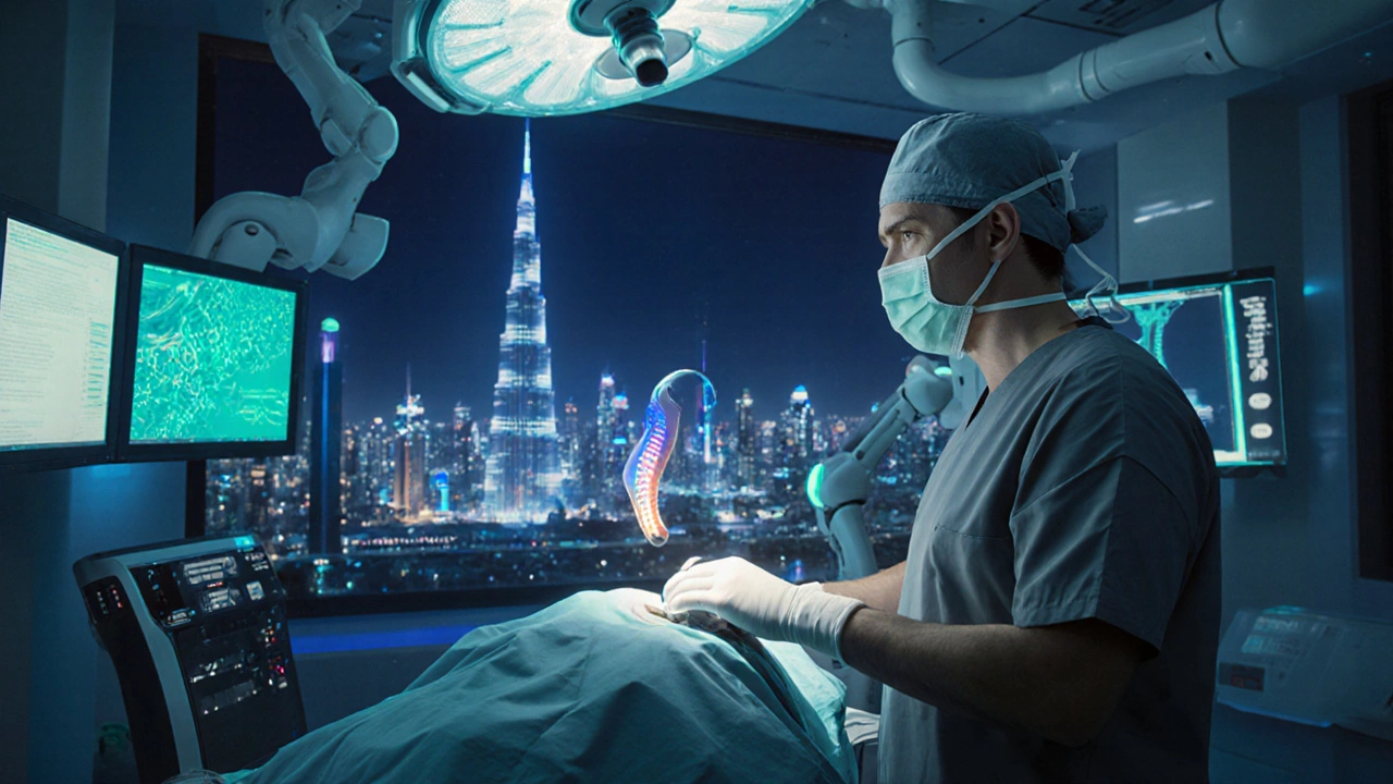 Neurosurgeon performing spinal surgery in a high‑tech OR with Dubai skyline visible.