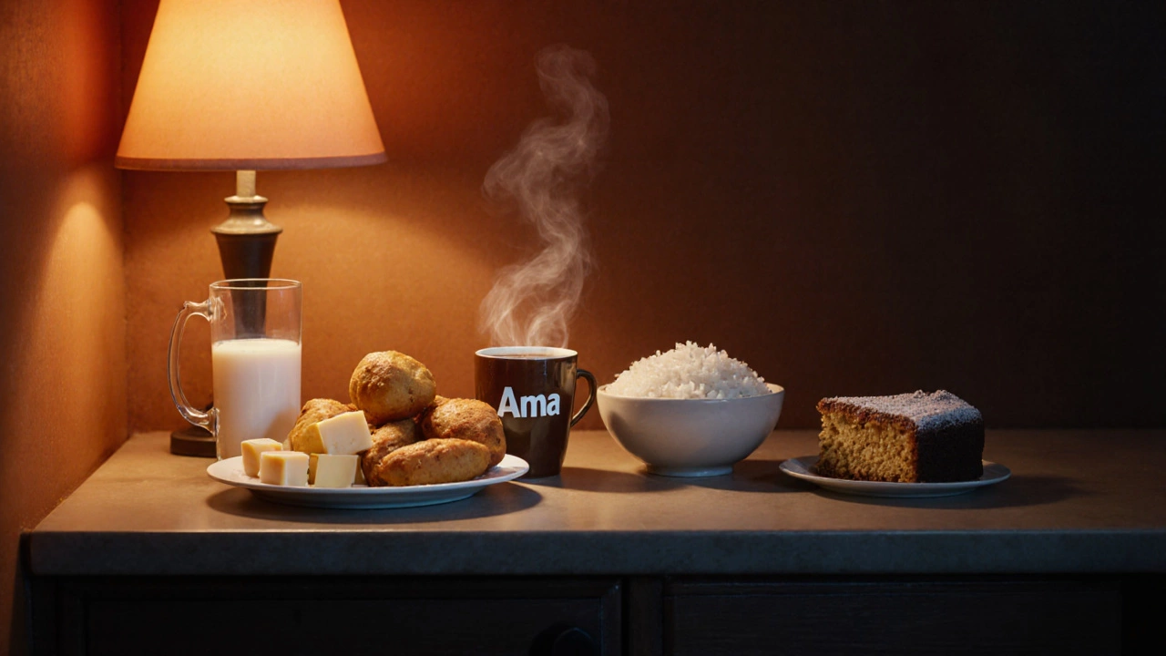 Nighttime kitchen counter with dairy, fried snacks, coffee, rice, and cake under warm lamp.