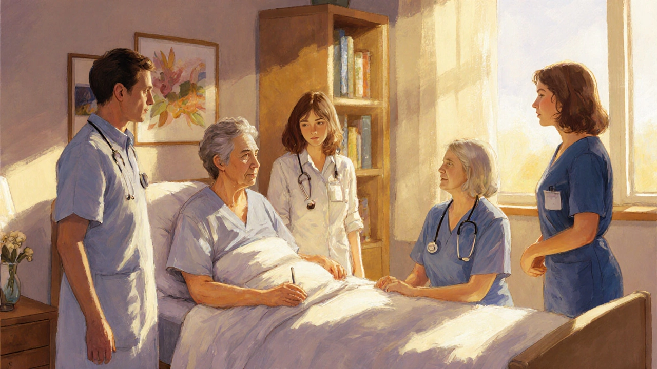 Oncology team consulting a patient in a warm, supportive treatment environment.