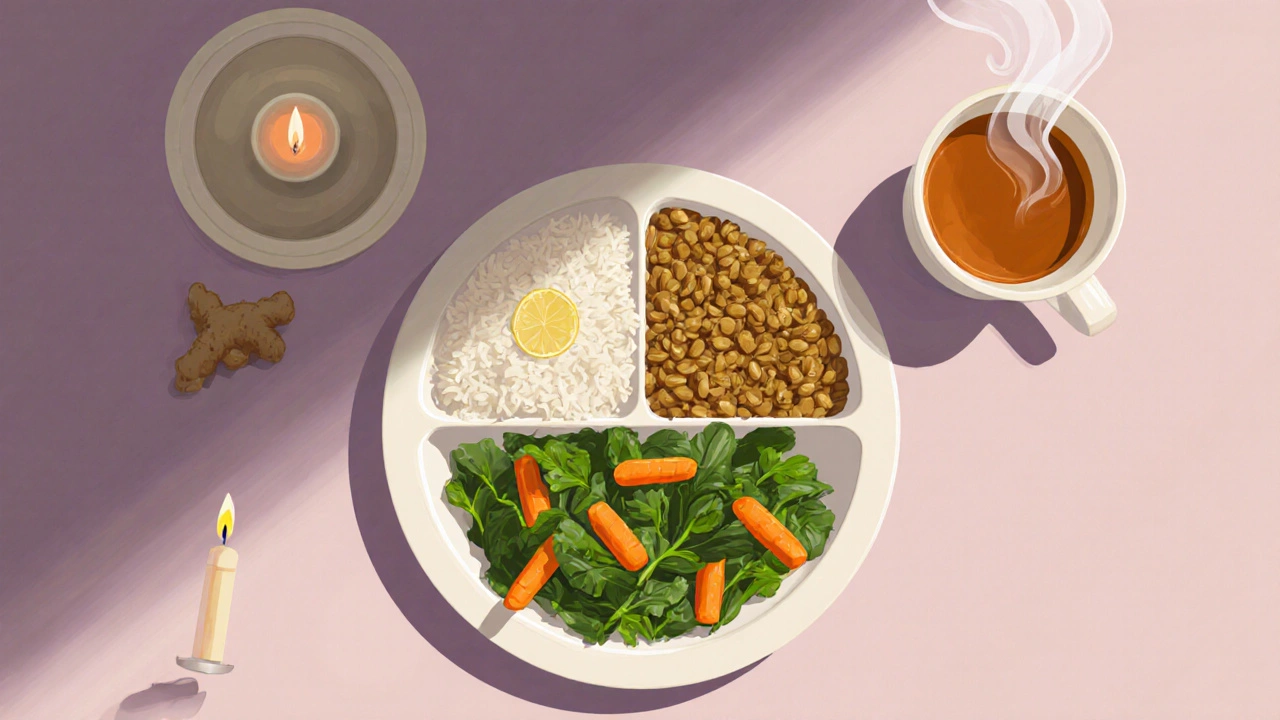 Pastel illustration of a balanced Ayurvedic plate with lentils, rice, veg, and ginger tea.