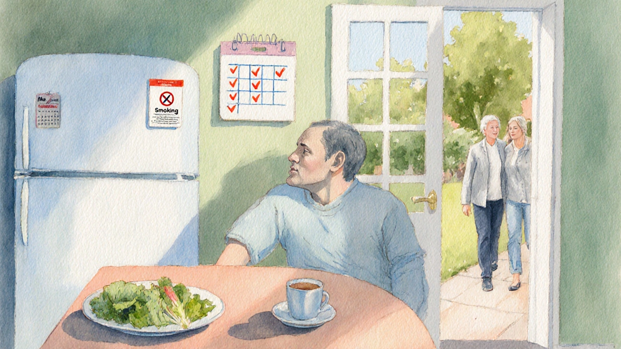 Patient at home preparing for surgery: tea, healthy food, calendar checks, and caregiver walking outside.