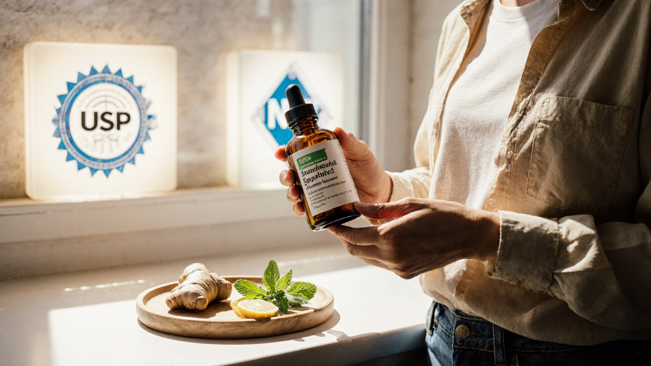 Person choosing a supplement bottle in a sunny kitchen with herbs.