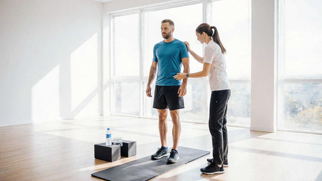 Physiotherapy studio scene with man doing leg raises and therapist assisting.