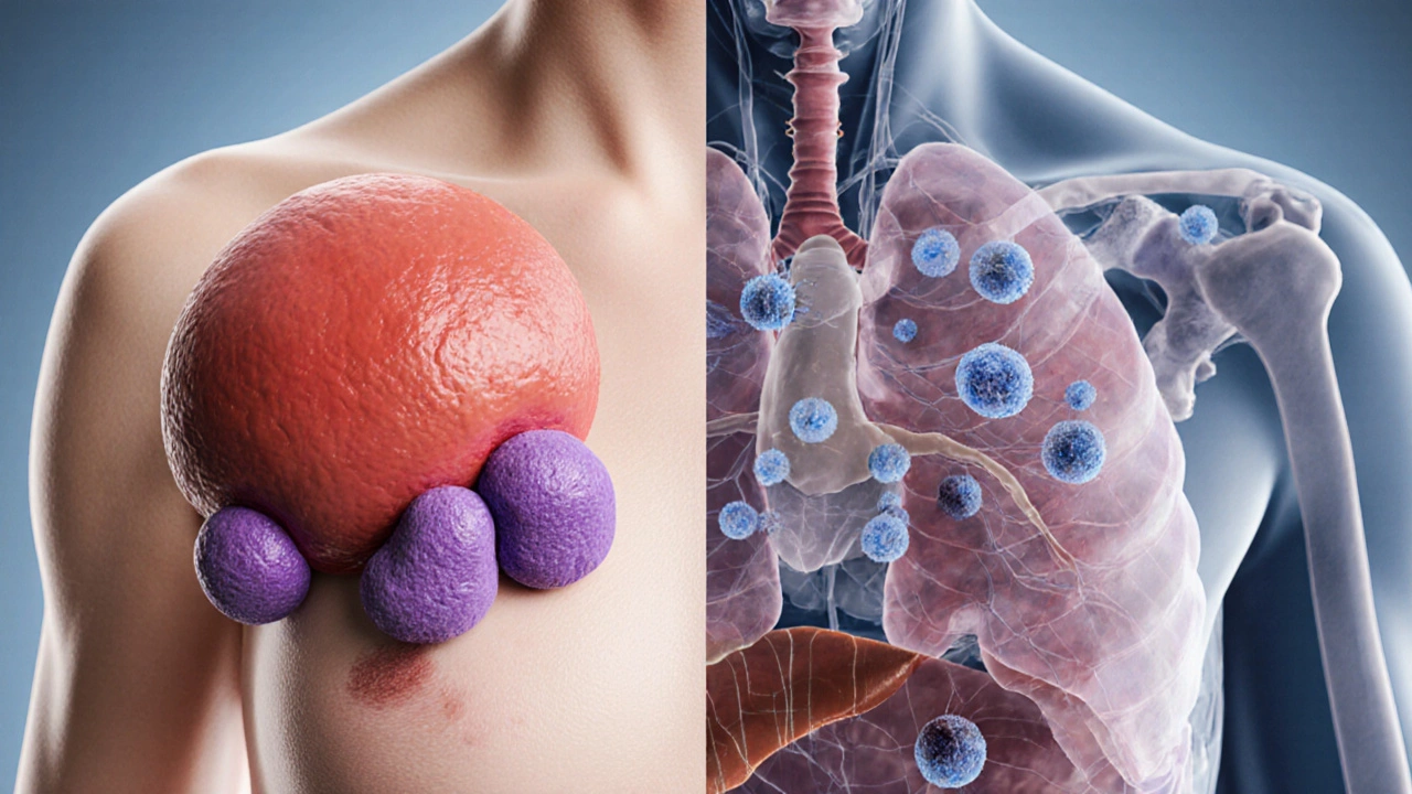 Side‑by‑side view of stage 3 tumor with regional nodes and stage 4 with distant metastases.