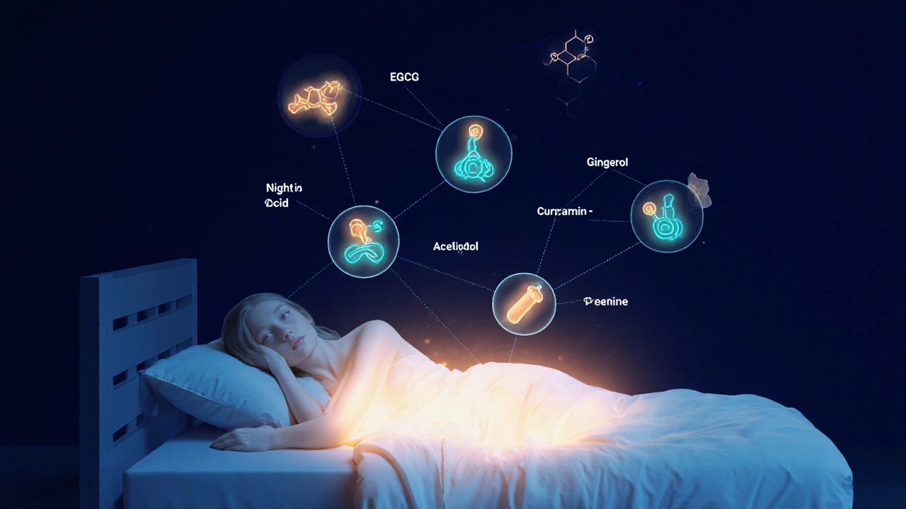 Silhouette of a sleeping person with glowing metabolism symbols around the waist.