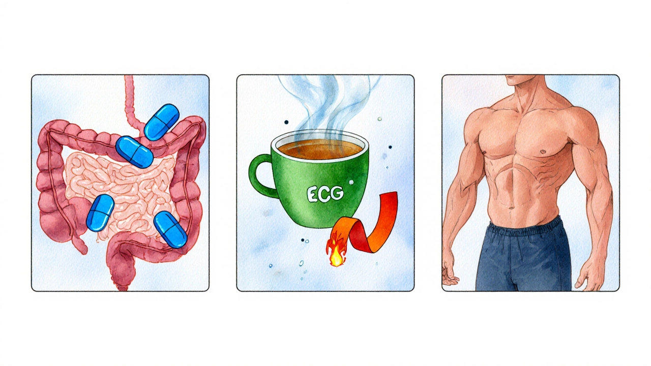 Three illustrated panels show how Orlistat blocks fat, green tea extract boosts heat, and CLA promotes fat use.
