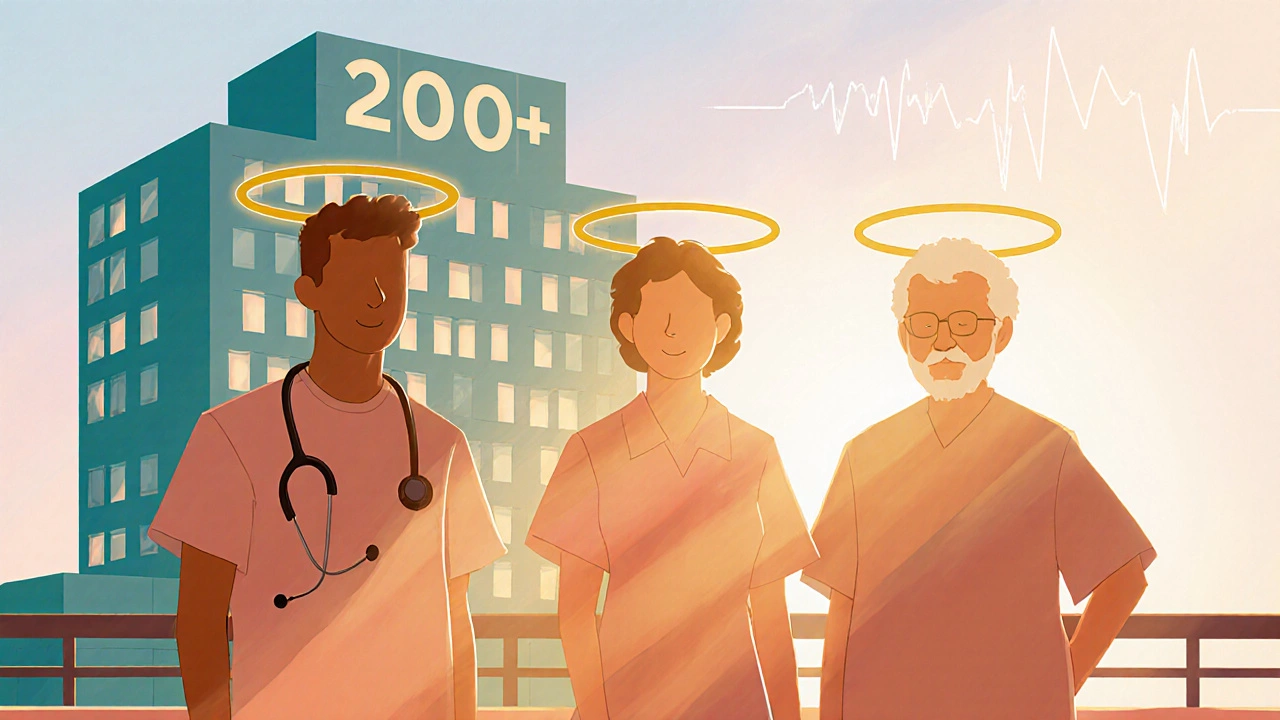 Three patients of different ages stand before a sunrise‑lit hospital, symbolizing high survival rates.