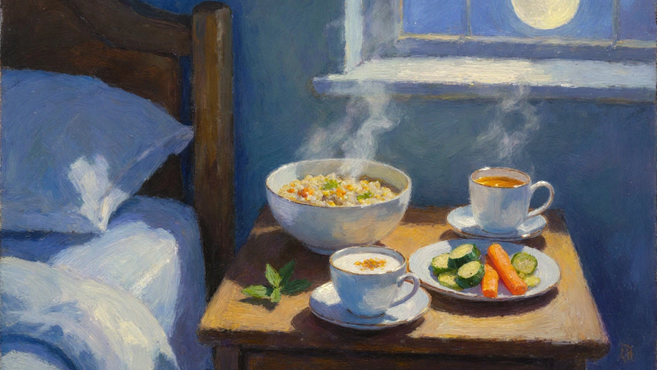 Warm bowl of kitchari, almond milk, herbal tea and steamed veggies on a table by moonlight.
