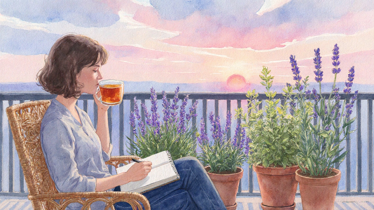 Watercolor balcony scene with a person journaling and sipping herbal tea.