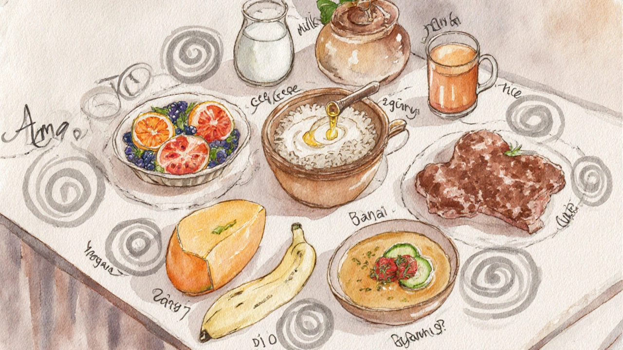 Watercolor of a table showing ten bad Ayurvedic food combos with gray toxin swirls.