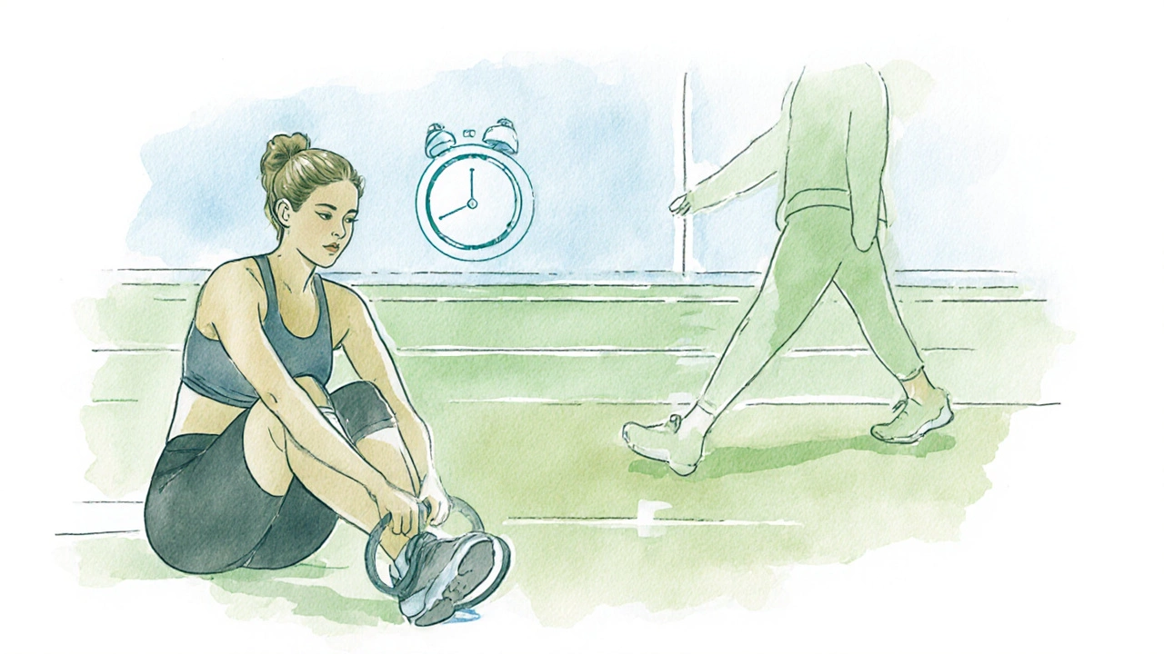 Woman doing warm‑up exercises then walking on a rubberized track with a timer hint.
